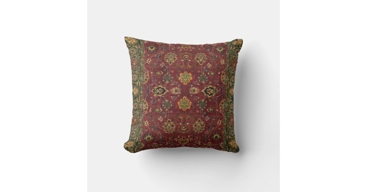 Antique Textile Design Burgundy and Green Throw Pillow | Zazzle | Zazzle