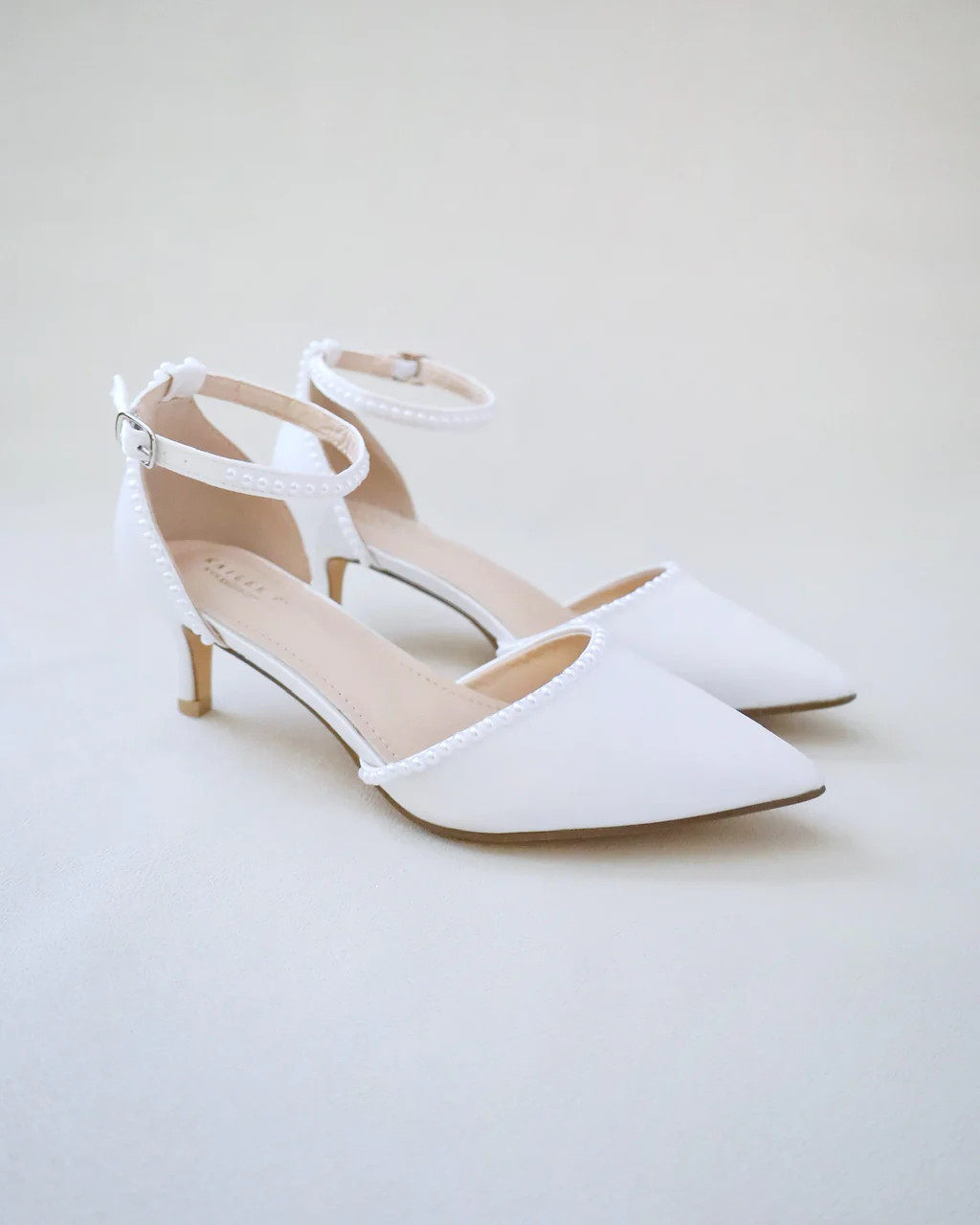 Satin Pointy Toe Kitten Low Heel with Mini Pearls | Kailee P.