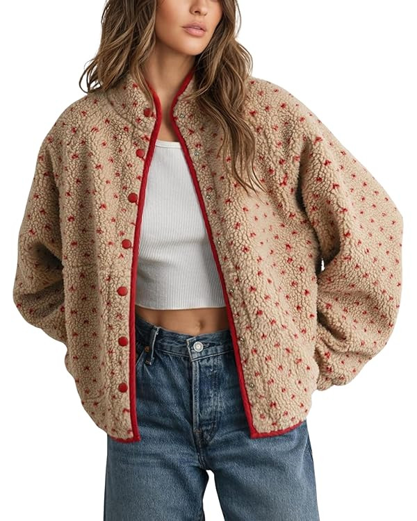 Women's Fleece Jacket Button Down Lapel Collar Sherpa Jackets Long Sleeve Contrast Quilted Outerw... | Amazon (US)