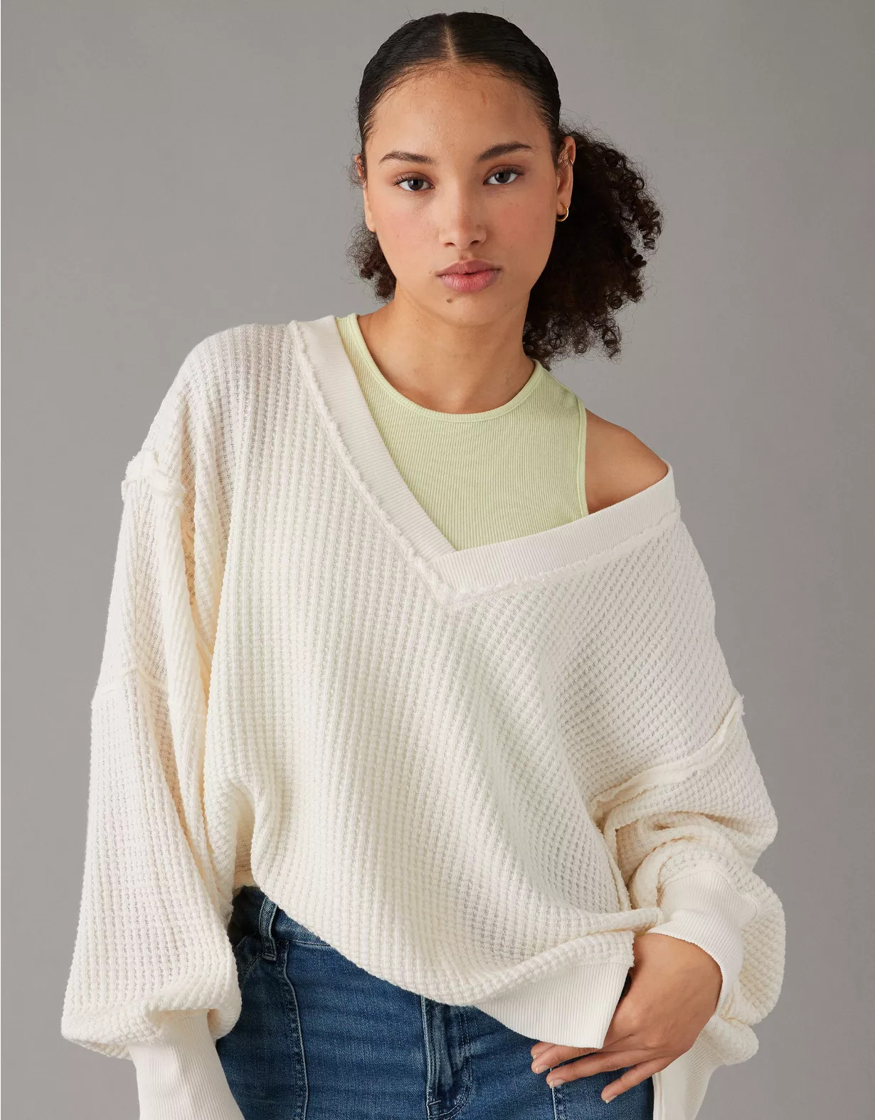 AE Oversized Big Hug Waffle V-Neck Sweatshirt | American Eagle Outfitters (US & CA)