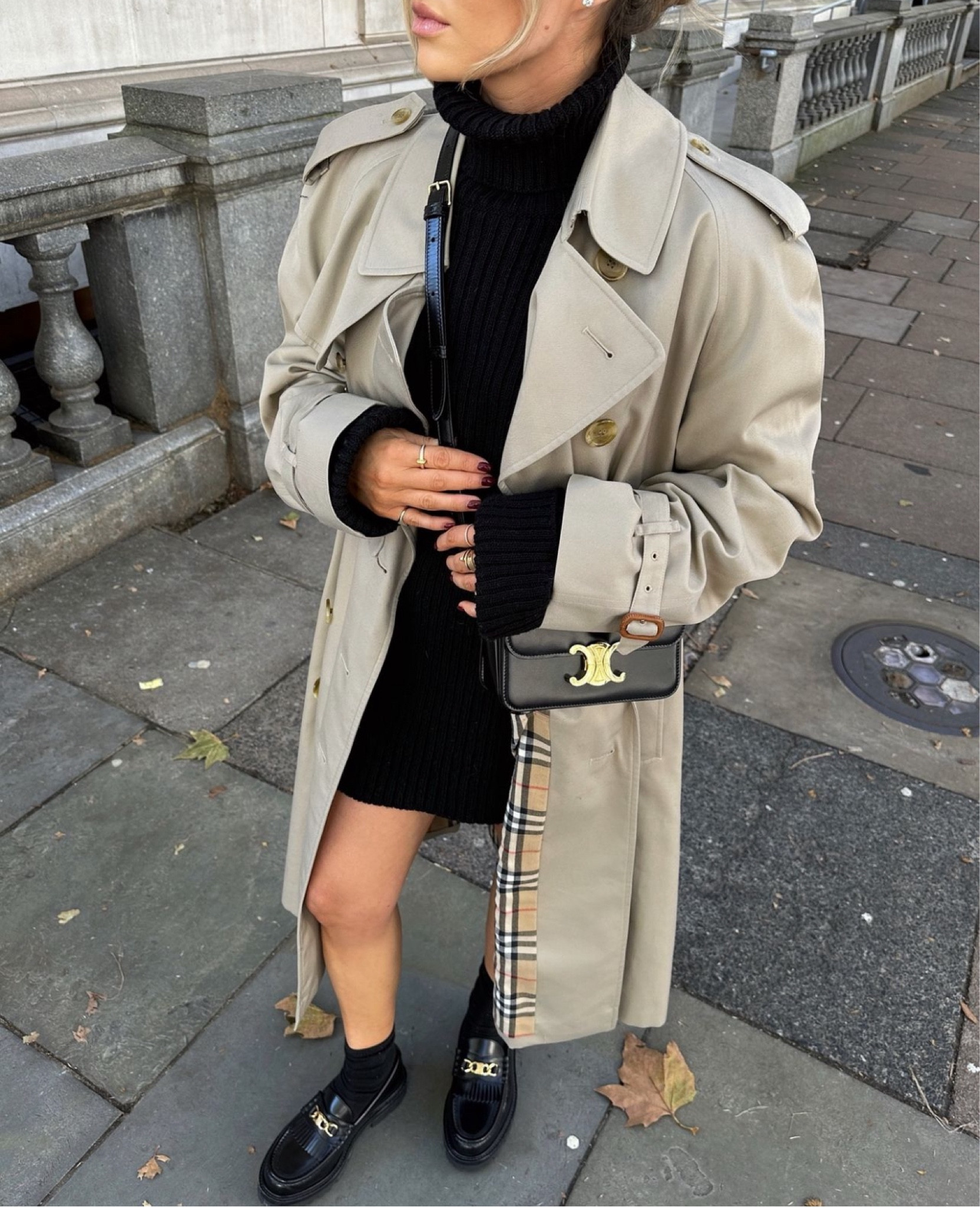 Who doesn’t love a trench coat this time of year! 🧥 paired with a black turtle neck knitted dress and black Celine accessories 

#LTKautumn