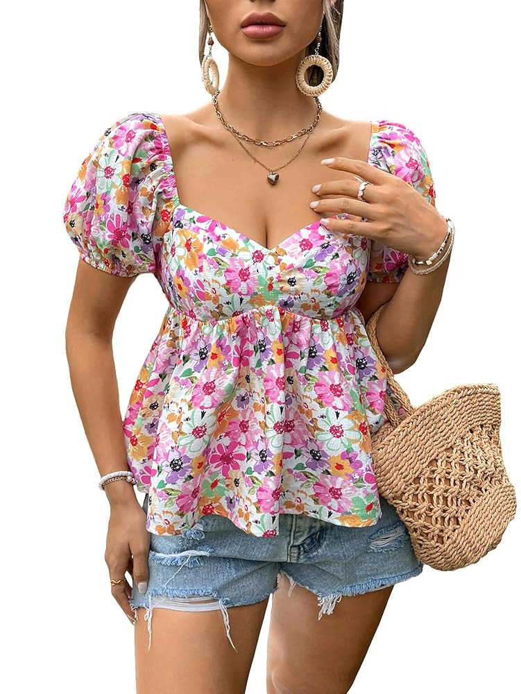 Floerns Women's Allover Floral Print Sweetheart Neck Puff Sleeve Peplum Blouse Top | Amazon (US)