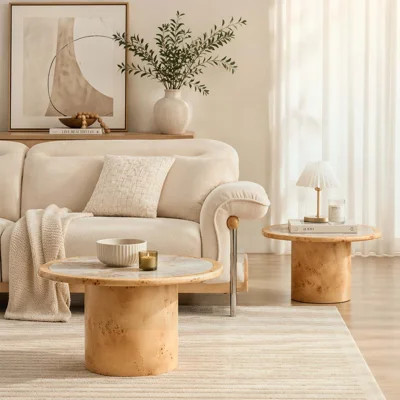 Irregular Burl Wood Veneer Coffee Table Set, 2pcs Sintered Stone Top with Sturdy MDF Pedestal, Rounded Edges for Living Room and Office | Wayfair North America