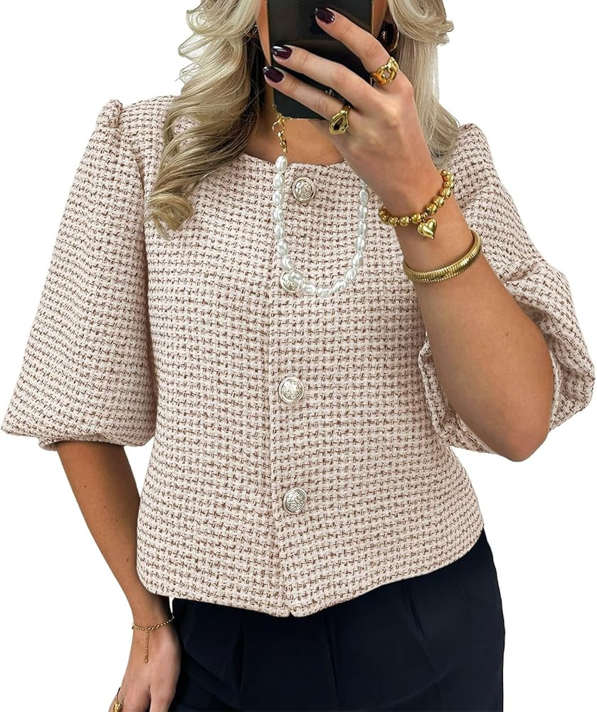 Cicy Bell Womens Cropped Tweed Blazers Puff Short Sleeve Crew Neck Button Business Casual Suit Ja... | Amazon (US)