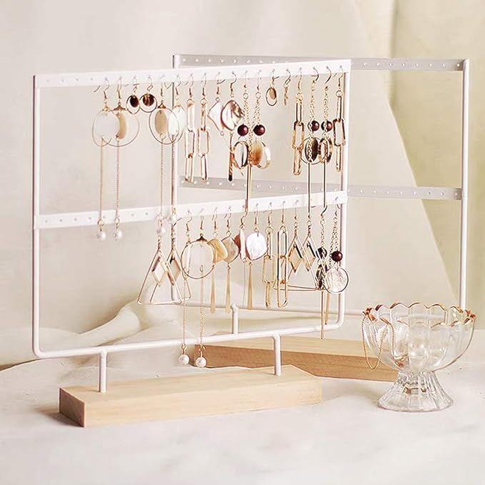 lemonadeus Earrings Organizer Jewelry Display Wood Stand (44 Holes 2 Layers) (White) | Amazon (US)