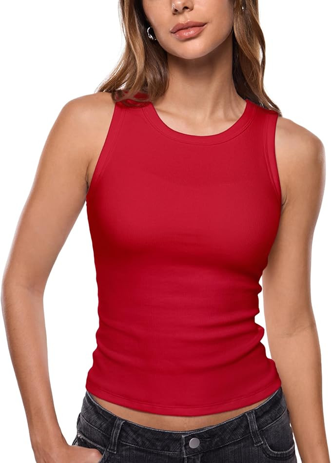 INLYRIC Women's Cotton Ribbed Padded Tank Top | Built in Bra, High Neck, Basic, Going Out, Summer... | Amazon (US)