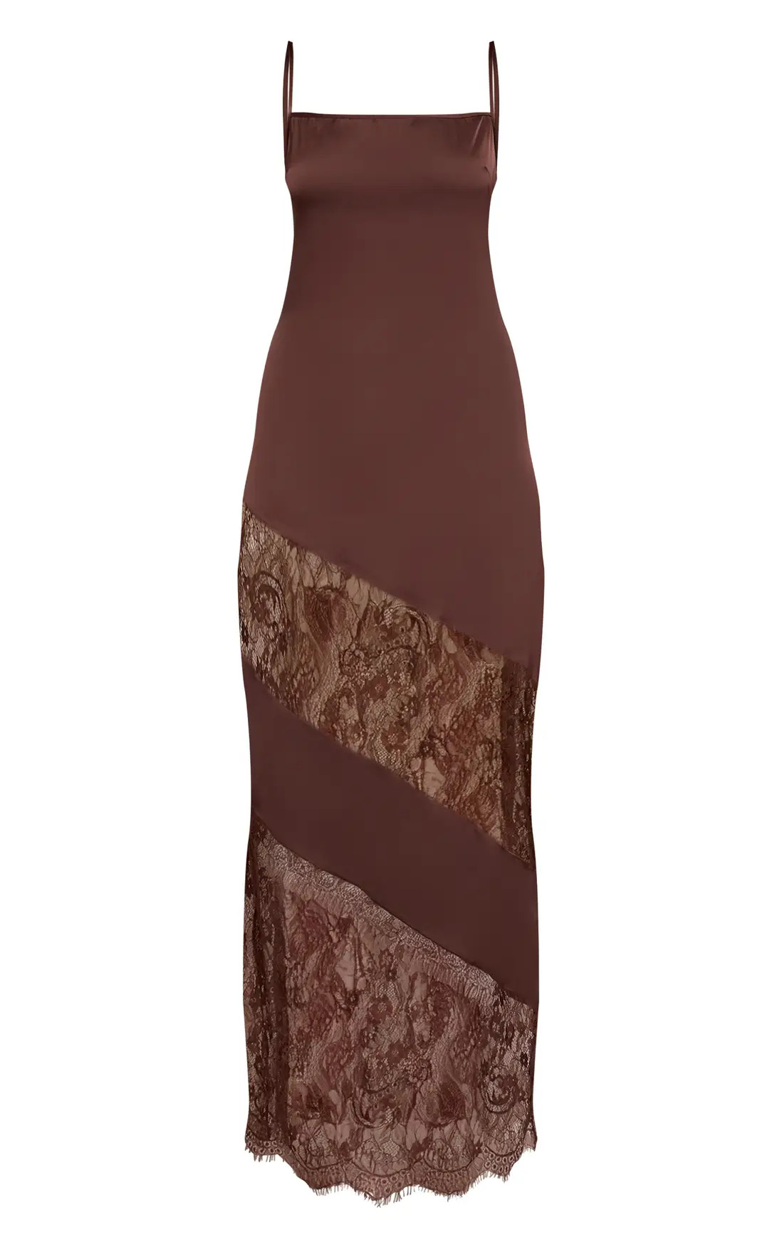 Chocolate Lace Panel Strappy Maxi Dress | PrettyLittleThing US