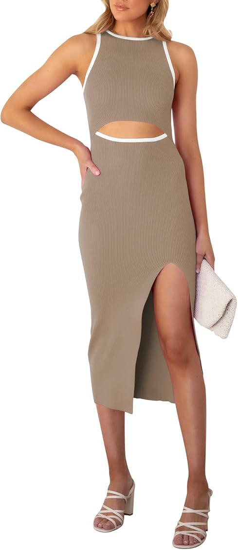 Pink Queen Women's Summer Cutout Midi Dress Crew Neck Sleeveless Tank Slit Ribbed Bodycon Dresses | Amazon (US)