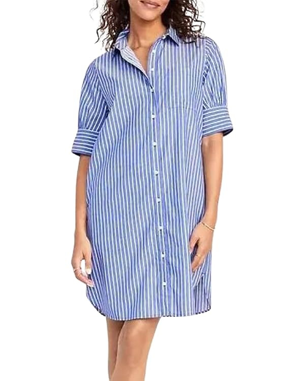 utcoco Women Striped Short Sleeve Shirt Dress Casual Loose Fit Button Down Mini Dress with Pocket... | Amazon (US)