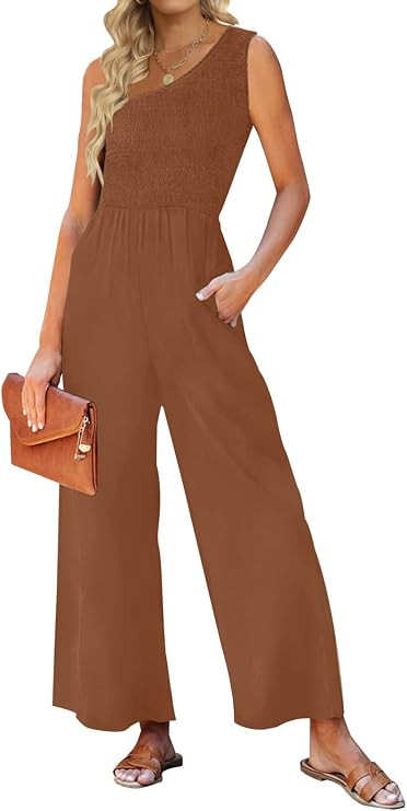 ZESICA Women's Summer Casual One Shoulder Sleeveless Smocked High Waist Loose Wide Leg Jumpsuit R... | Amazon (US)