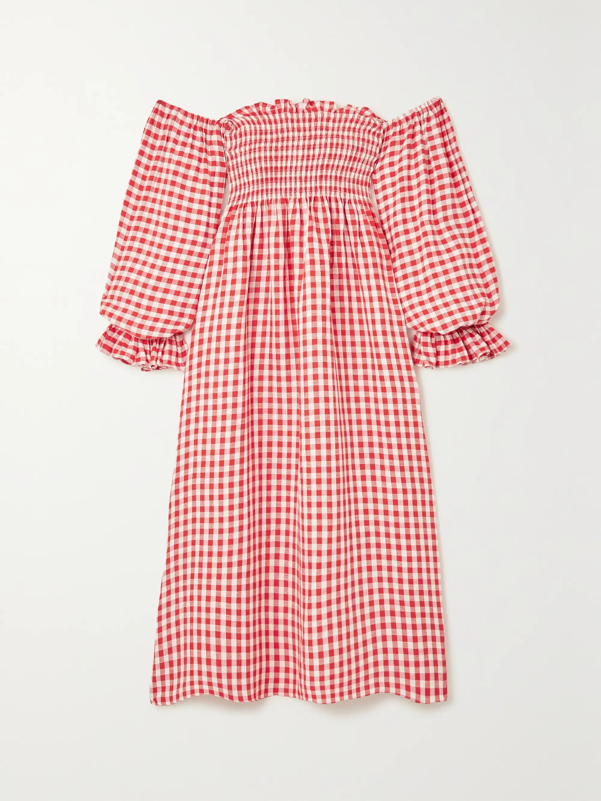 + NET SUSTAIN Atlanta off-the-shoulder shirred gingham linen-blend midi dress | NET-A-PORTER (US)