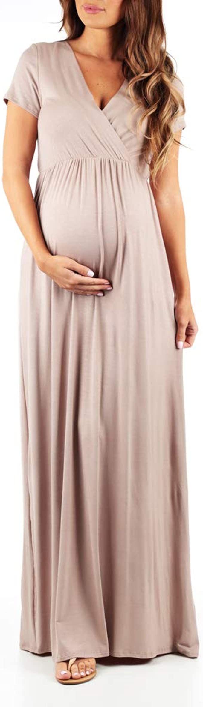 Mother Bee Maternity Short Sleeve Ruched Waist Faux Wrap Maxi Dress | Amazon (US)