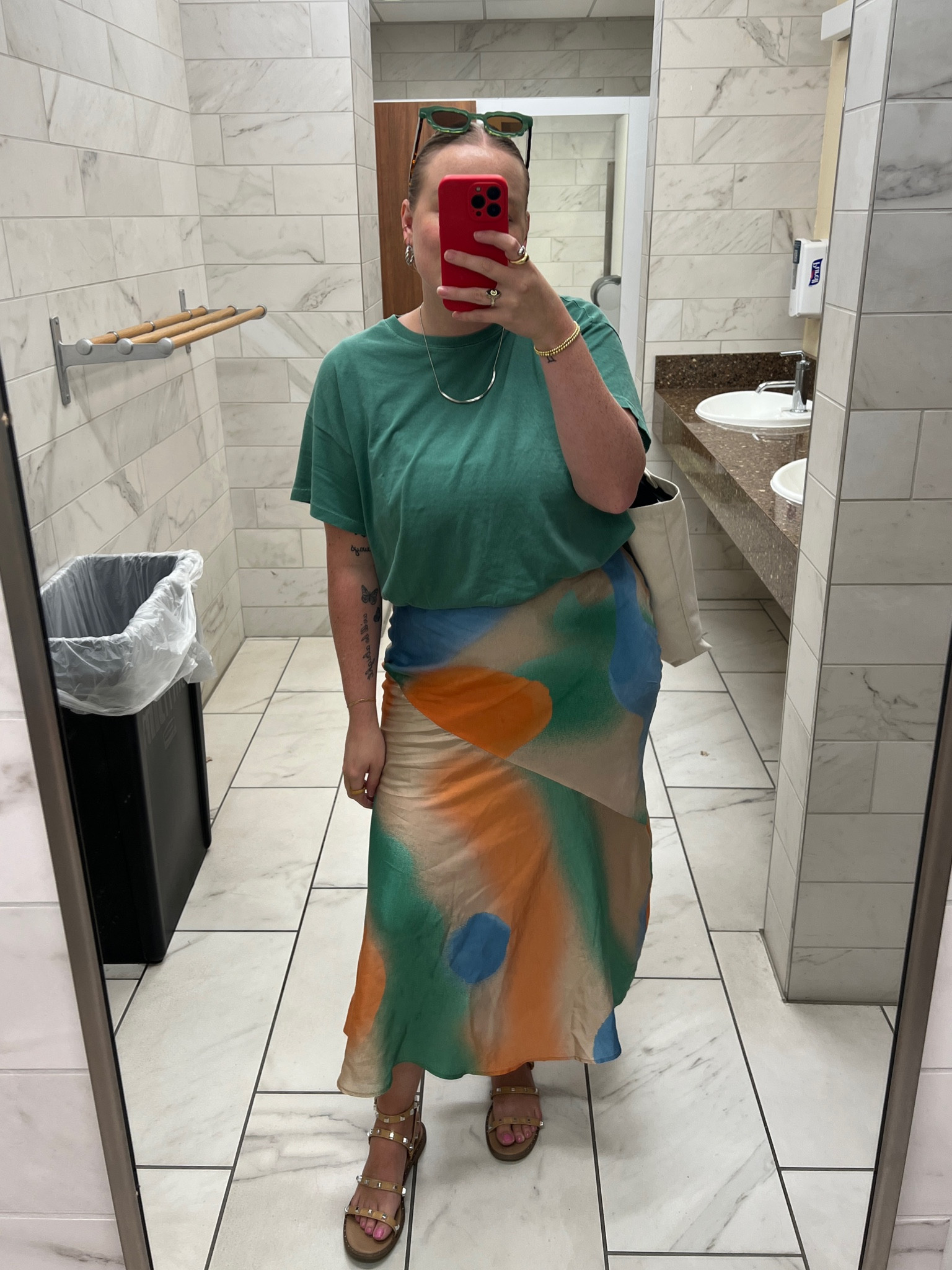 slip skirt, colorful style, casual workwear, midsize style, studded sandals

#LTKStyleTip #LTKFindsUnder50 #LTKMidsize