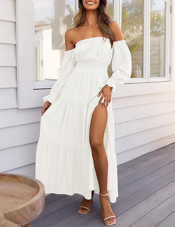 ZESICA Women's 2025 Boho Sexy Off Shoulder Long Sleeve Smocked High Waist Side Split Flowy A Line... | Amazon (US)