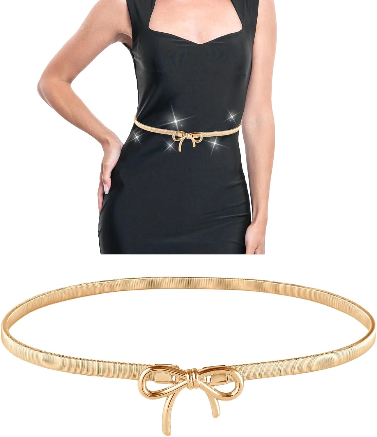 Skinny Metal Waist Belt for Women, Adjustable Elastic Waistband Stretchy Thin Belt With Bow-Knot for Dresses Jeans | Amazon (US)