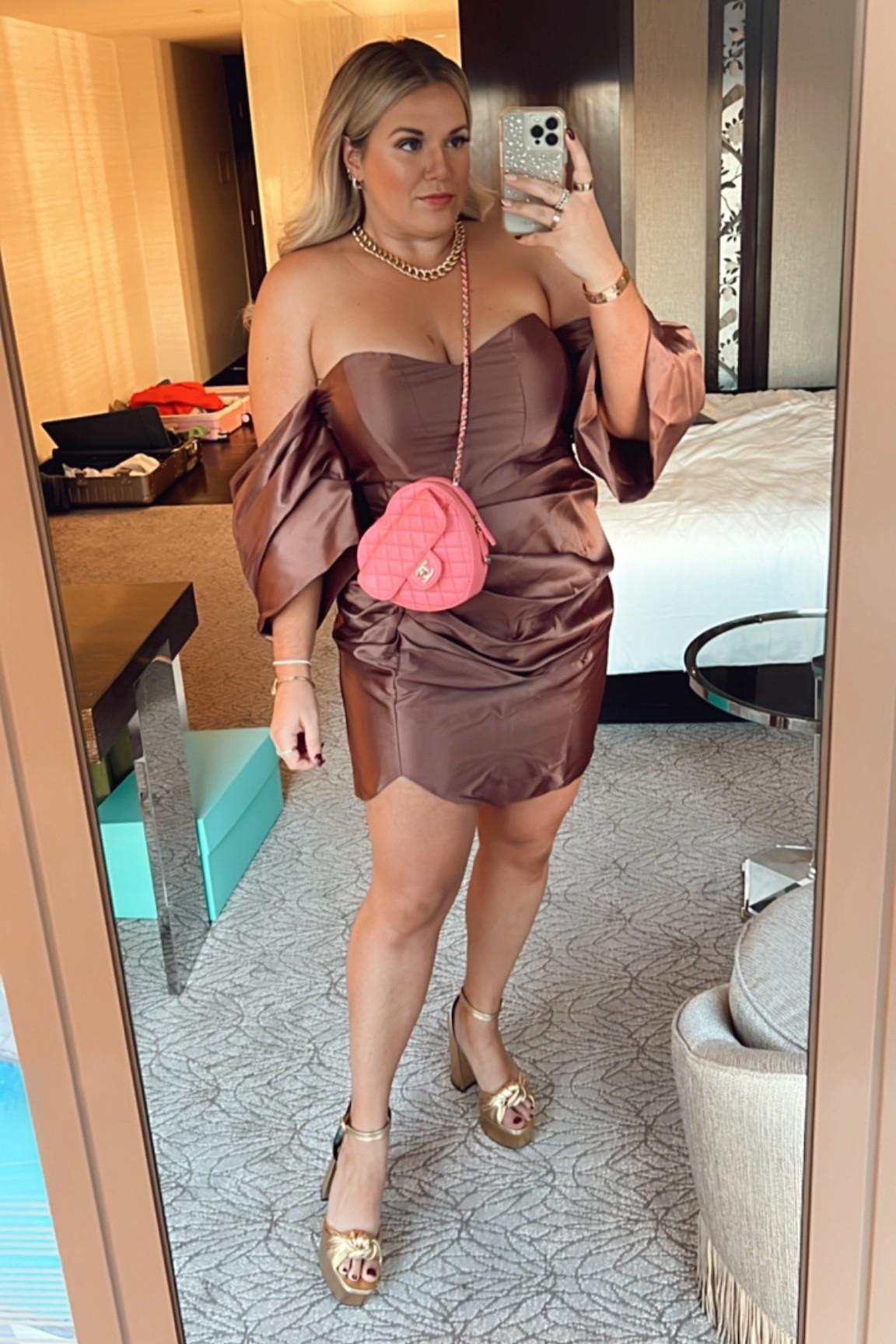 curvy chocolate brown taffeta strapless cocktail dress! wearing size 14 and gold platform sandals run TTS 

#LTKunder100 #LTKSeasonal #LTKcurves