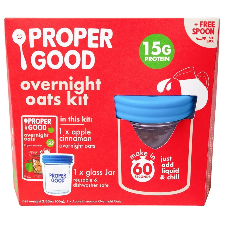 Proper Good Apple Cinnamon Overnight Oats Kit, 2.33 oz Packet, 15g Protein, Glass Jar, Shelf-Stab... | Walmart (US)