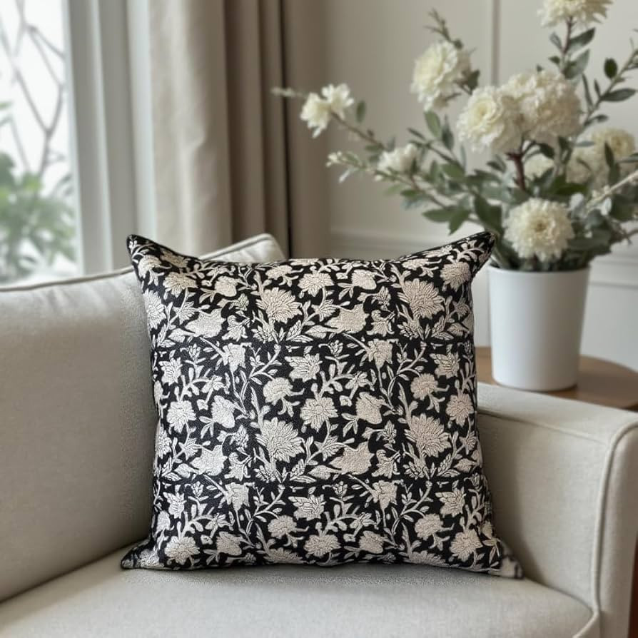 Vintage Floral Throw Pillow Cover Modern 18x18 Transitional Double-Sided (Black and Taupe, 18x18) | Amazon (US)