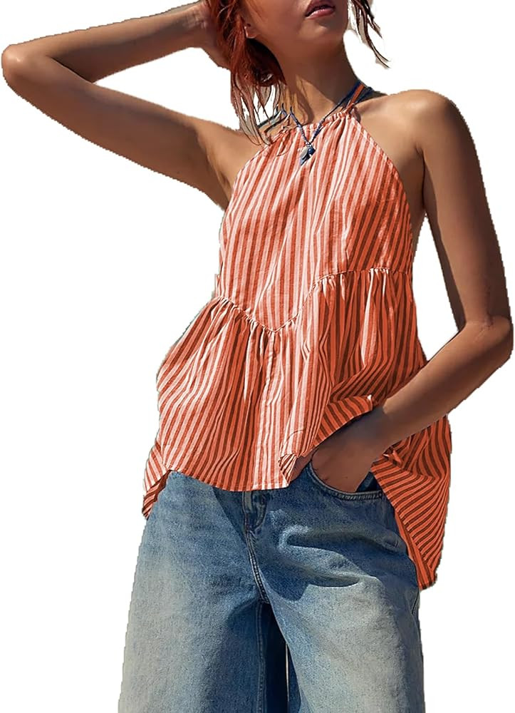 Womens Gingham Plaid Tie Front Cami Tank Tops Y2k Spaghetti Straps Striped Peplum Hem Picnic Part... | Amazon (US)