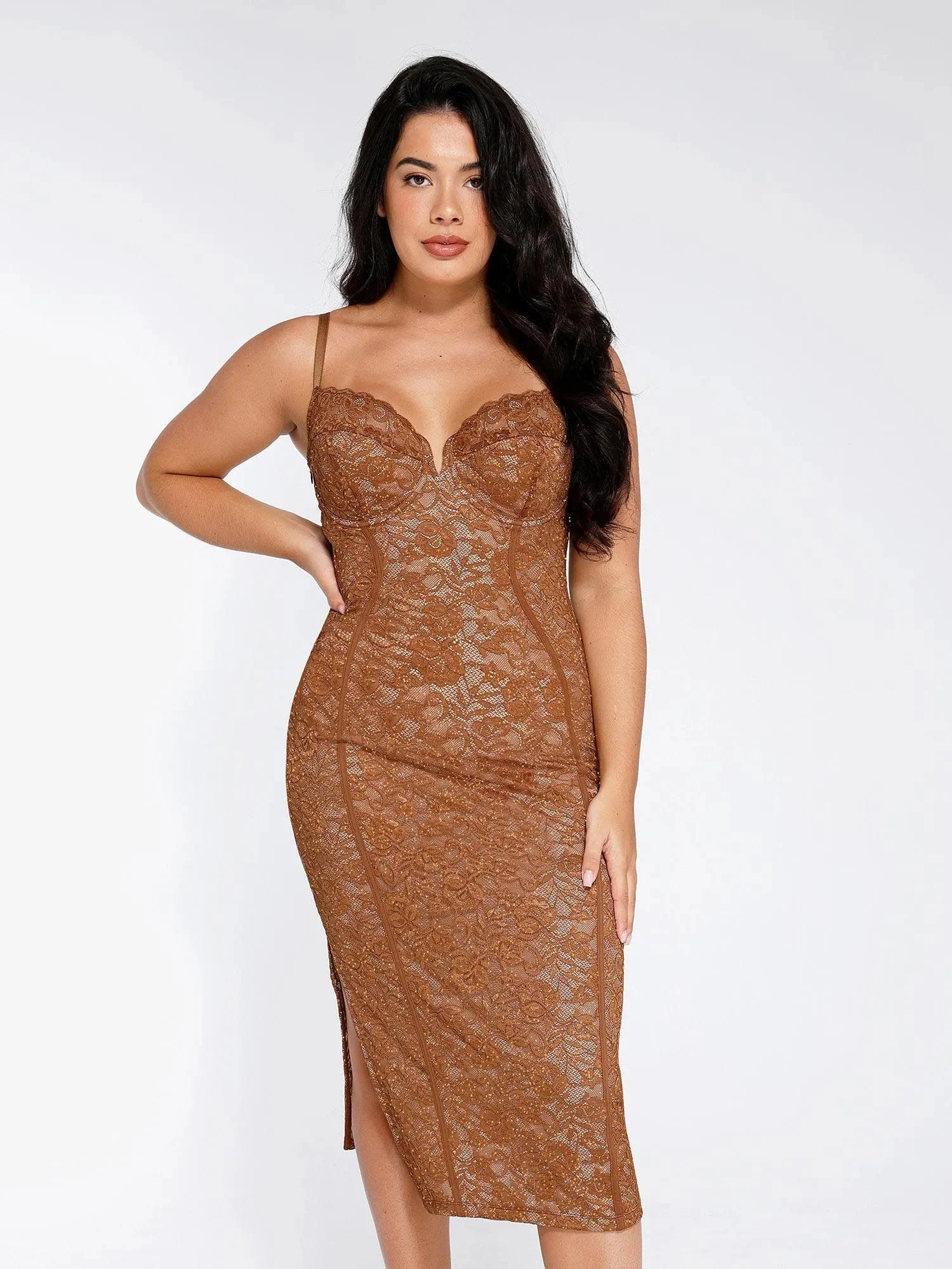 The Shapewear Dress V-Neck Slip Lace Midi | Popilush