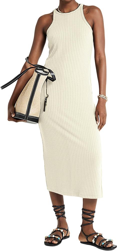 Dqbeng Bodycon Midi Dresses for Women Casual Sleeveless Ribbed Knit Side Slit Long Tank Dress Sum... | Amazon (US)