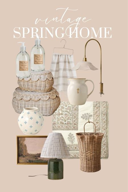 Vintage inspired spring home decor. new Summer line form Magnolia. McGee and Co quilt. Wall sconce, vintage art, table lamp, French soap, dish towel, vintage pitcher. Amazon home scalloped baskets. Little girls bedroom storage. Block print vase. 