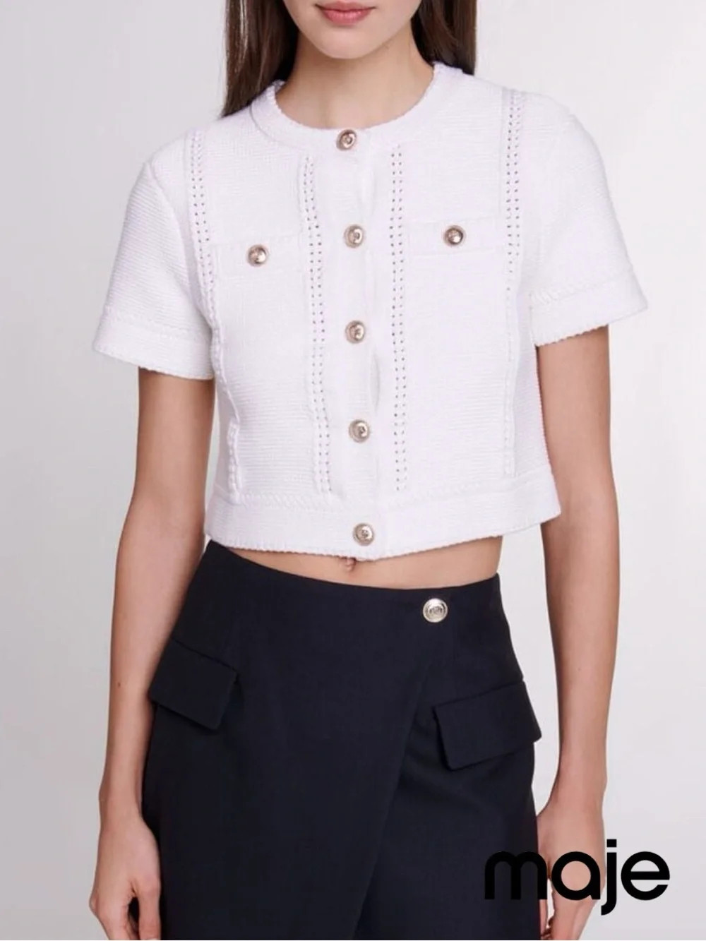 Majè **NWT** Blanc Cropped Short Sleeve Cotton Knit Cardigan Cream/Gold Buttons | Poshmark