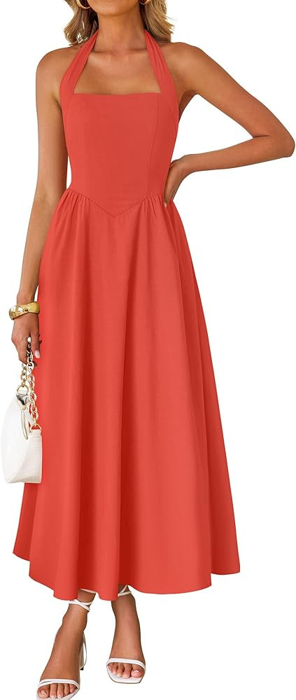 ZESICA Women's Summer Sleeveless Halter Midi Dress 2025 Off Shoulder High Waist Swing Flowy Beach... | Amazon (US)