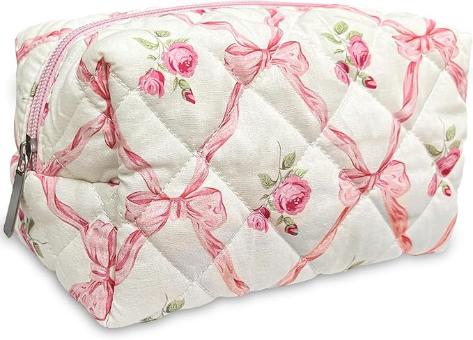Trnerm Small Makeup Bag Quilted Cosmetic Bag Coquette Makeup Pouch Makeup Organizer Pink Ribbons ... | Amazon (US)