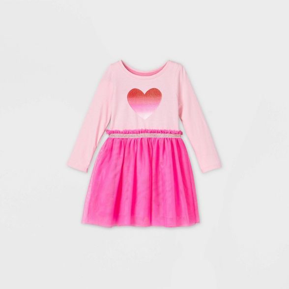 Toddler Girls' Sparkle Heart Tulle Long Sleeve Dress - Cat & Jack™ Pink | Target