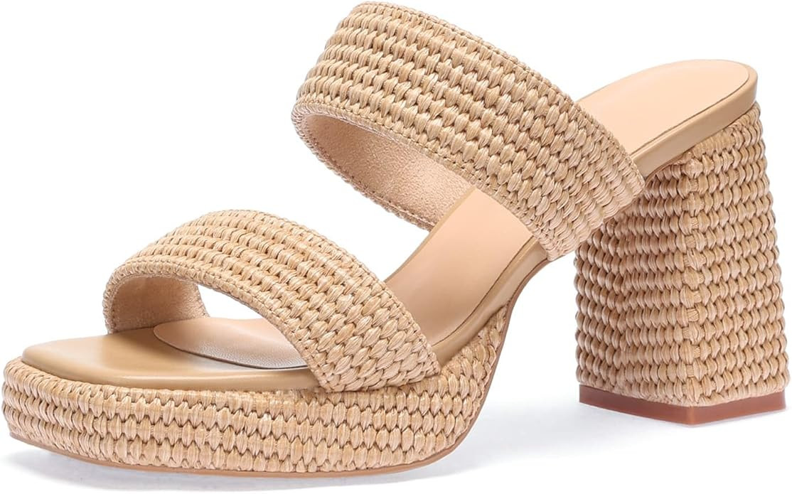 Monrovia Raffia Chunky Platform Heels for Women, Double Strap Square Open Toe Slip On Heels - Cas... | Amazon (US)