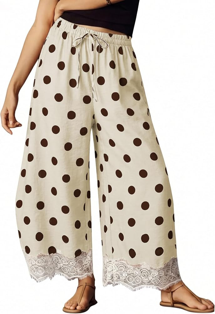 Athlisan Womens Polka Dot Wide Leg Palazzo Pants High Waisted Summer Lace Trim Cropped Baggy Trou... | Amazon (US)