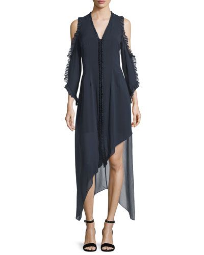 Claudie V-Neck Cold-Shoulder Chiffon Maxi Dress with Ruffled Trim | Bergdorf Goodman