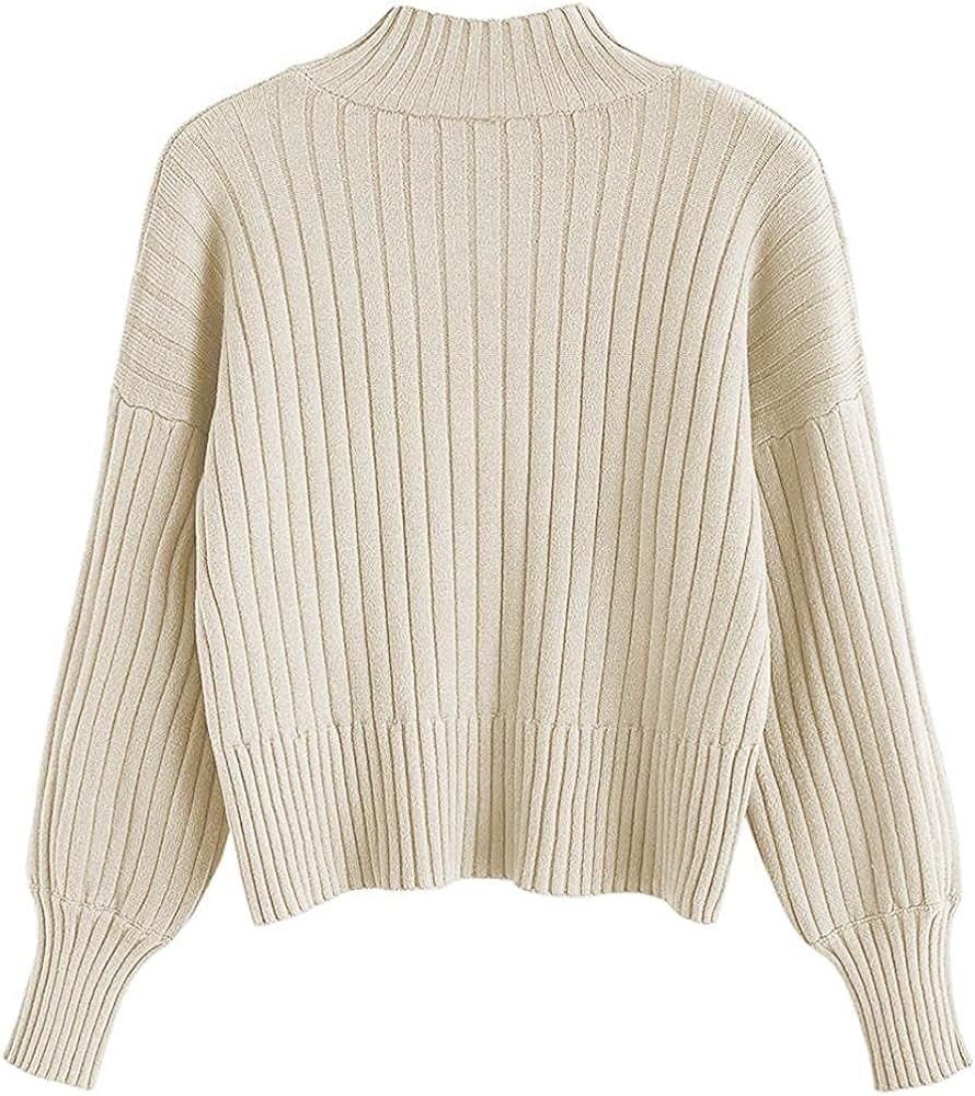 ZAFUL Women's Crew Neck Long Sleeve Pullover Crop Sweater Mock Neck Lantern Sleeve Ribbed Knit Jumpe | Amazon (US)