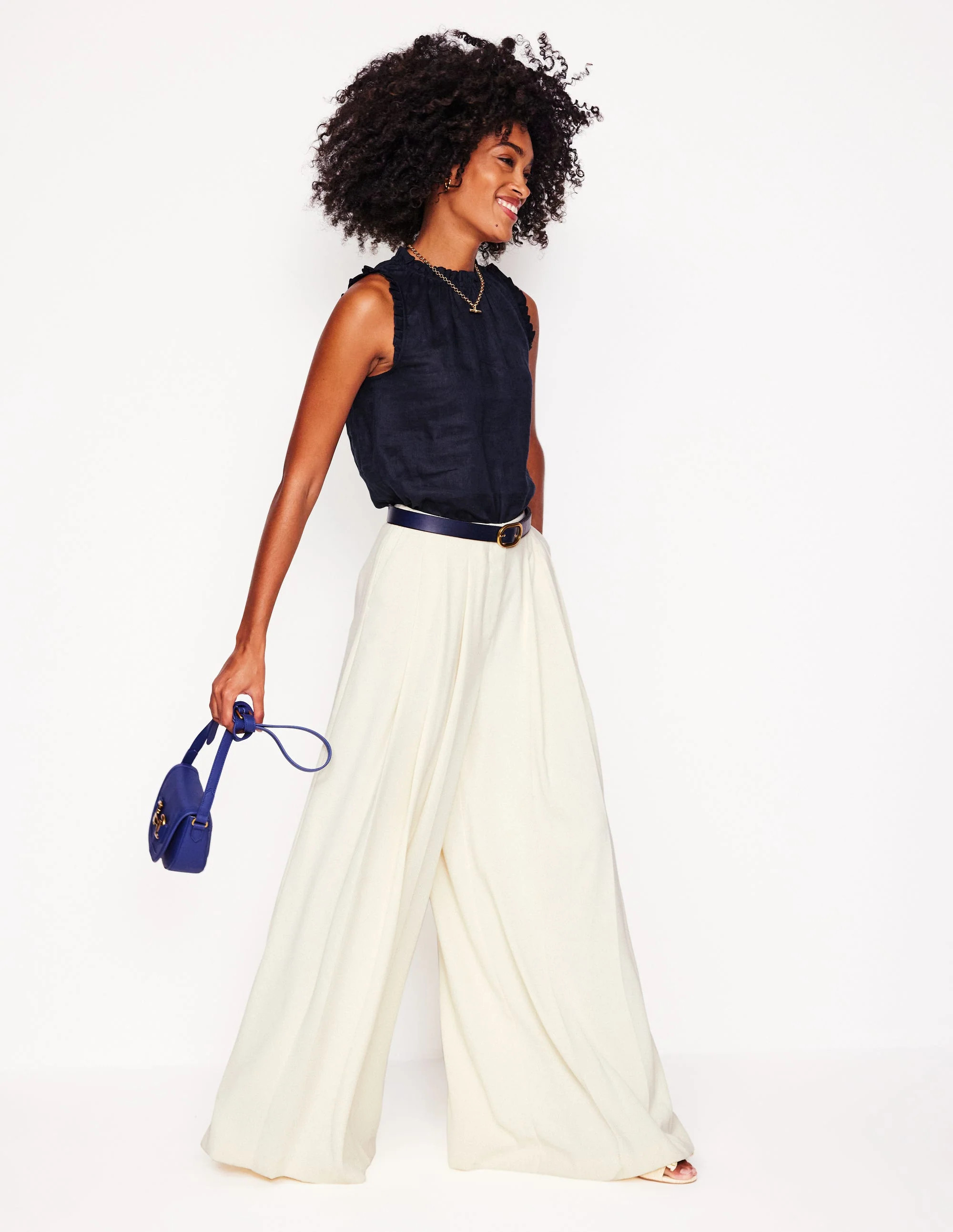 Sophie Ruffle Linen Top-Navy | Boden (US)