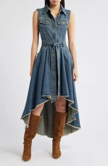 Denim Tie Waist High Low Midi Dress | Nordstrom