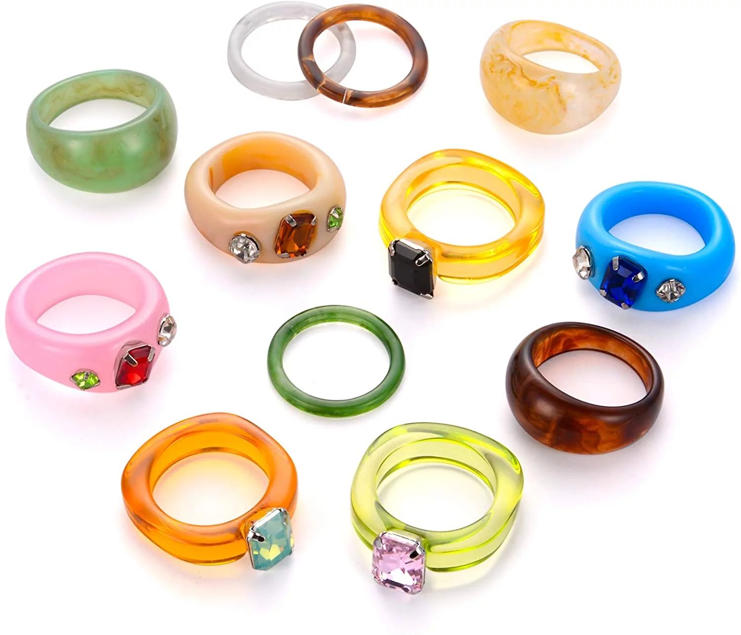 Resin Rings for Women Retro Acrylic Colorful Chunky Rings Pack Clear Plastic Gem Rhinestone Bands... | Walmart (US)