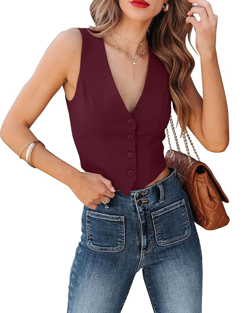 Sunborui Women's Business Button Up Sleeveless Vests Fully Lined V Neck Regular Fitted Jacket Wai... | Amazon (US)