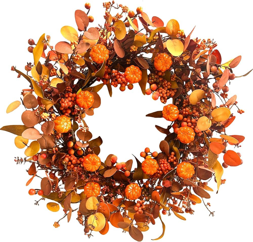 22 Inch Fall Wreath Artificial Pumpkin Wreaths for Front Door Autumn Door Wreath with Orange Euca... | Amazon (US)
