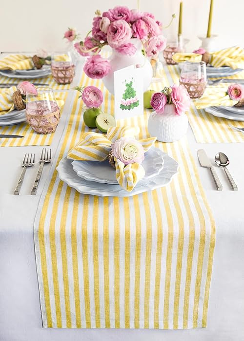 Solino Home Linen Table Runner 60 Inches - Amalfi Stripe 100% Pure Linen Primrose Yellow and White Farmhouse Table Runner 14 x 60 Inch Ideal for Dresser and Coffee Tables, Spring, Summer, Mothers Day | Amazon (US)