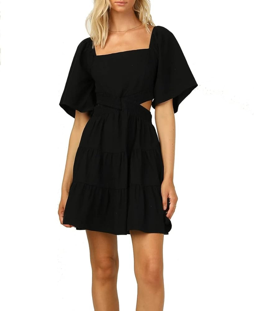 AEL Women's Square Neck Cut Out Mini Dress Short Puff Sleeve Summer Casual Solid Swing Flared Sundre | Amazon (US)