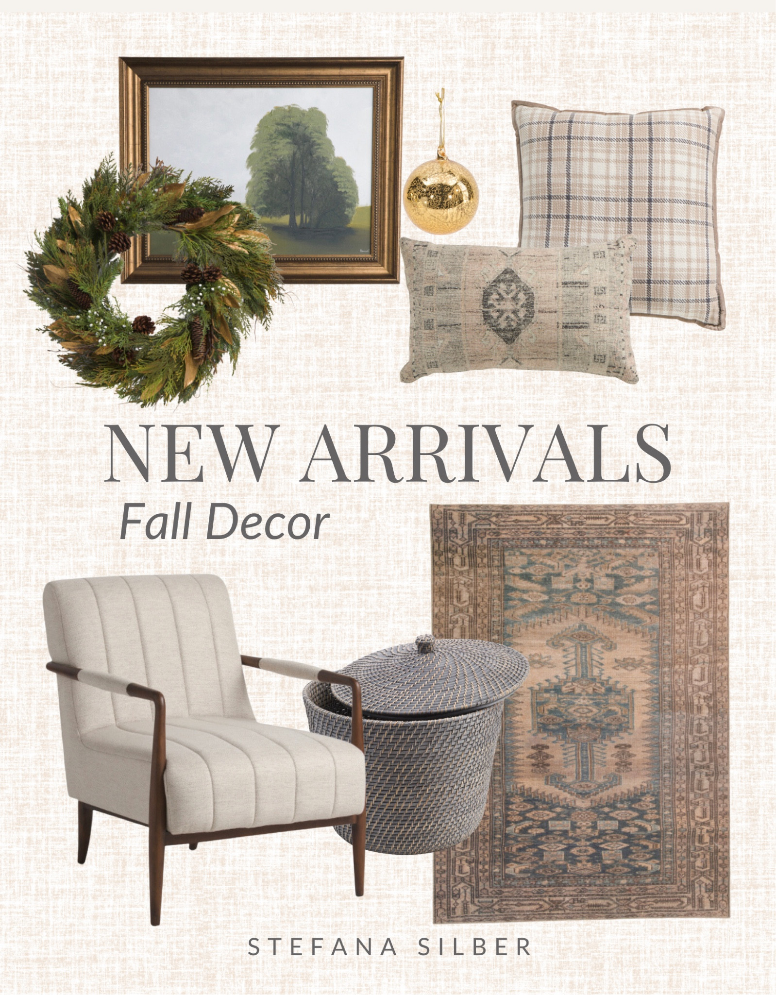 Wreath, framed art, throw pillow, accent chair, rattan basket, glass ornament, vintage rug

#LTKFind #LTKstyletip #LTKhome