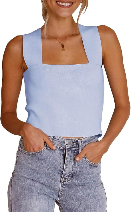Women's Knit Square Neck Tank Tops 2026 Summer Casual Sleeveless Sweater Fitted Shirts Tanks | Amazon (US)