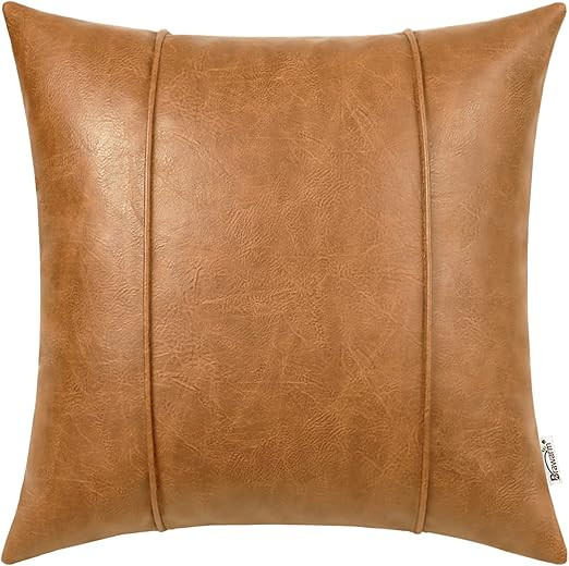 BRAWARM Tan Leather Throw Pillow Covers 18 X 18 Inches - Faux Leather Pillow Cover with Piping, H... | Amazon (US)