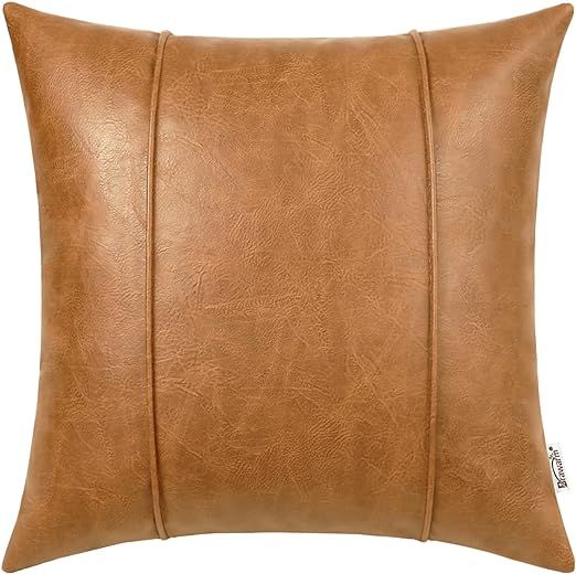 BRAWARM Tan Leather Throw Pillow Covers 18 X 18 Inches - Faux Leather Pillow Cover with Piping, H... | Amazon (US)