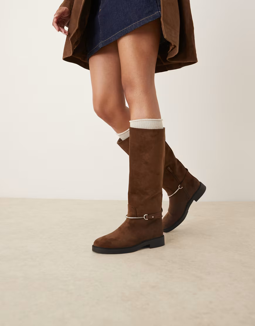 ASOS DESIGN Cole flat riding knee boots in chocolate suedette with trim-Brown | ASOS (Global)