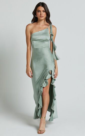 Cleo Midi Dress - One Shoulder Ruffle Detail Satin Dress in Sage | Showpo (US, UK & Europe)