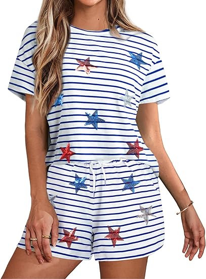 VILOVE 4th of July 2 Piece Sequin Outfits Women 250 Anniversary Usa Shirts and Short Sets Casual ... | Amazon (US)