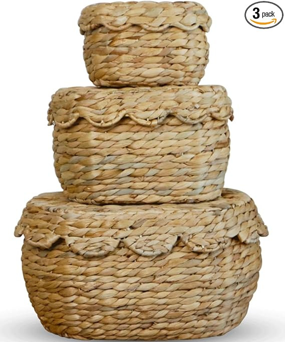 Scalloped Basket with Lid Set of 3,Storage Boxes for Shelves,Decorative Storage Boxes With Lids,W... | Amazon (US)