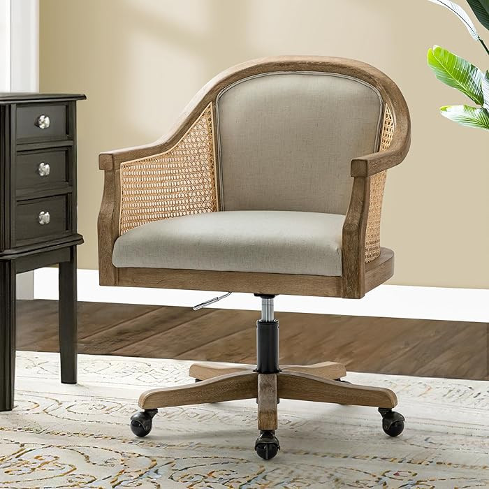 TINA'S HOME Silla de escritorio de ratán, silla tapizada de oficina en casa con reposabrazos, al... | Amazon (US)